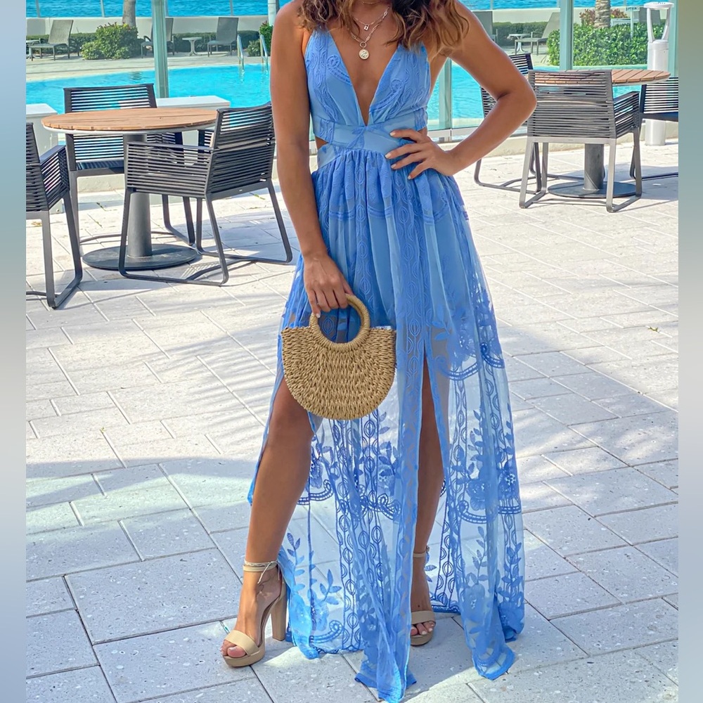 Blue Embroidered Lace Maxi Dress